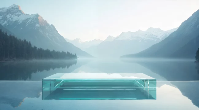 Glass Podium Floating on Alpine Mirror Lake