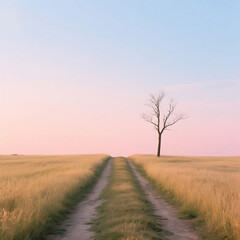 Sunlit rural road winding through a green summer field with a vast blue sky