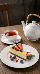 Delicious Strawberry Blueberry Cheesecake Slice with Tea