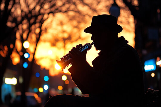 Street musician playing the harmonica silhouette