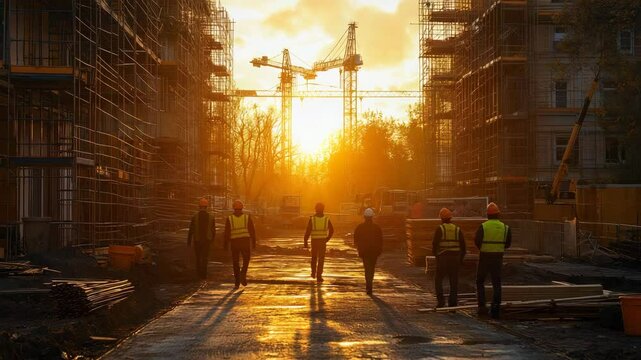 Sunset construction site heavy excavator at work for civil engineering and real estate development