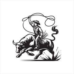 Fototapeta premium Bull Rodeo Showdown – Cowboy Riding a Bucking Bull in Action