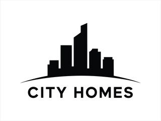 Fototapeta premium Elegant black and white city homes logo design featuring urban skyscrapers with a curved skyline element