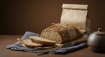 Freshly Baked Artisan Bread with Slices, Knife, and Teapot Compo