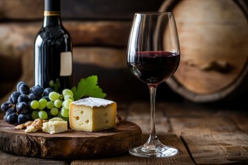 Cheese and wine arrangement with dark background