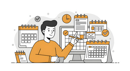 Young Man Managing Digital Calendars and Planning in Office Environment