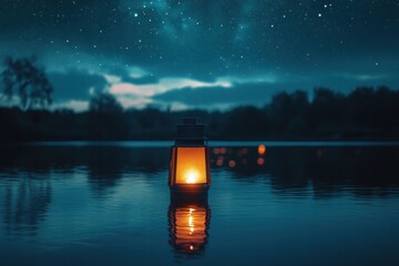 Reflection of lantern lights on forest lake