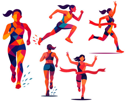 Marathon runner female silhouettes set. Running girl in back, side, front view. Winner runner crossing fishing line, gesture of victory