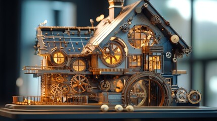 Steampunk Miniature House: A captivating miniature house with intricate steampunk design, showcasing gears, and mechanical details. Featuring warm interior lights and a captivating design.