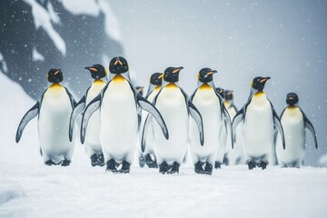 Fototapeta premium Emperor penguins huddling in snowstorm
