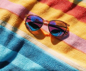 Sunny Shades on Beach Towel: A pair of stylish sunglasses resting on a vibrant, striped beach towel, bathed in bright sunlight. The scene evokes feelings of leisure, summer vacation, and relaxation.
