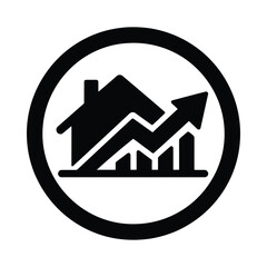 Black and white icon representing a house with an upward trending arrow showing property market growth