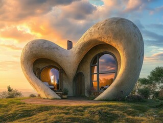 Heart-shaped home: A whimsical heart-shaped dwelling, nestled in a picturesque landscape, captures the viewer's imagination. with an enchanting architectural design.