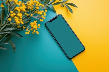 Smartphone with Floral Accents: A sleek smartphone rests on a vibrant, two-toned background of turquoise and yellow, beautifully complemented by a delicate sprig of yellow flowers.