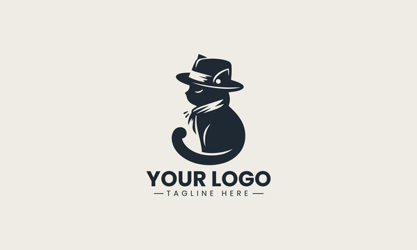 Elegant black silhouette of a fancy cat wearing a stylish fedora hat vector logo design