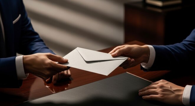 Professional hands exchanging a confidential gray envelope on a dark desk in a business setting.