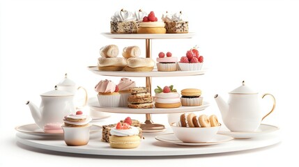 Three-tiered display of assorted pastries and desserts with tea set