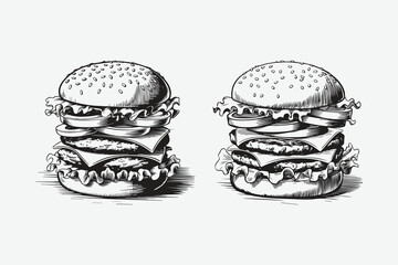 big burger, hamburger hand drawn vector illustration sketch retro style