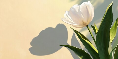 Elegant Tulip and Its Shadow: Delicate white tulip with its vibrant green leaves, casting a stunning shadow against a soft, textured backdrop, capturing a moment of natural beauty.