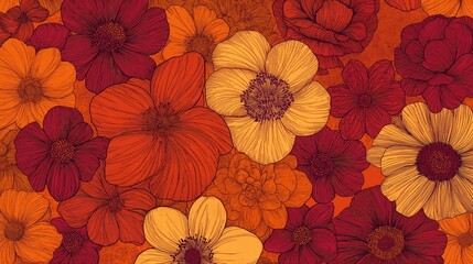 A bold, warm-toned floral pattern in deep orange, crimson, and muted mustard, with intricate hand-drawn flowers.