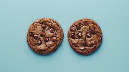 Two chocolate chip cookies isolated on a clean background, perfect for bakery advertisements and dessert menus