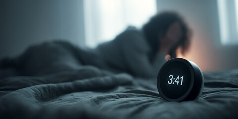 Woman lies sleepless in bed at 341 am with alarm clock visible on her bedside