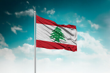 High-resolution stock image of a gently billowing Lebanon national flag mounted on a modern...