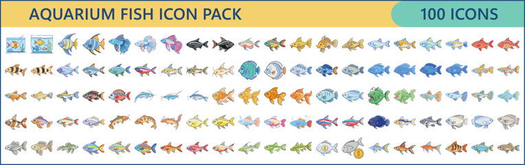 One hundred colorful aquarium fish icon pack for your design needs