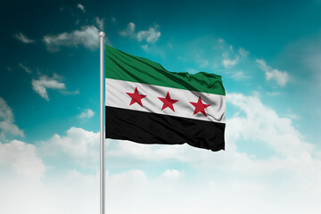 High-resolution stock image of a gently billowing Syria national flag mounted on a modern flagpole against a dramatic sky backdrop, symbolizing unity, patriotism, and global connection.