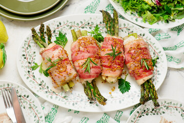 Chicken Breast and Green Asparagus Rolls in Bacon with Mustard Sauce.top veiw