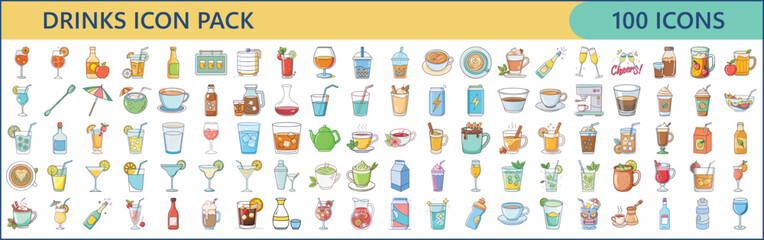 Set of 100 Cute Drink Icons Including Cocktails, Juices, and Hot Drinks