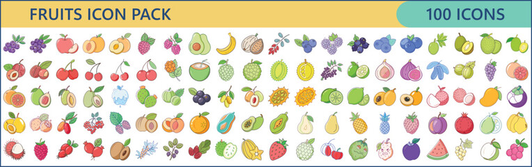 Extensive Fruits Icon Collection Showcasing Variety and Freshness of Healthy Foods