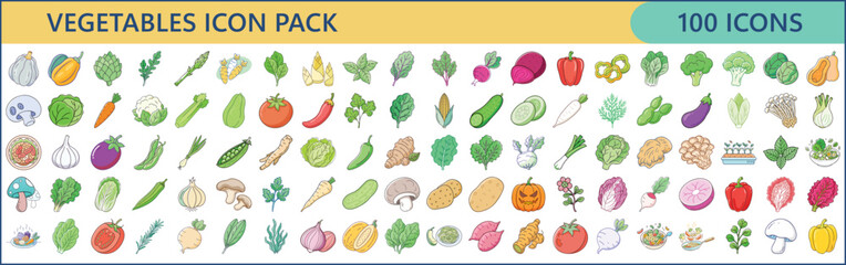 Colorful and Diverse Vegetables Icon Pack with One Hundred Unique Icons
