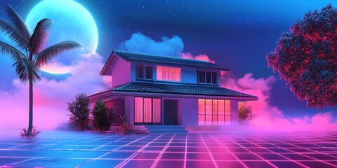 Synthwave House: A vibrant, neon-lit house bathed in the glow of a giant blue moon, creating a dreamy, futuristic atmosphere. Palm trees and other vegetation frame the scene.