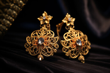 A close-up of intricate gold filigree earrings on velvet