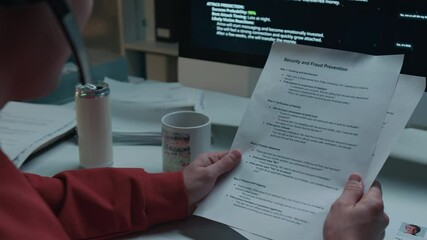 Over-shoulder shot of scam call center employee pretending to be bank security agent talking to fraud victim on phone to gain access to account, while holding script with prompts and responses