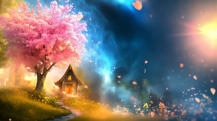 Obraz premium A serene landscape showcasing a charming cottage beneath a blooming cherry blossom tree, bathed in warm sunlight. The whimsical atmosphere invites tranquility and beauty.