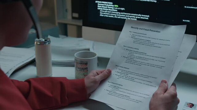 Over-shoulder shot of scam call center employee pretending to be bank security agent talking to fraud victim on phone to gain access to account, while holding script with prompts and responses