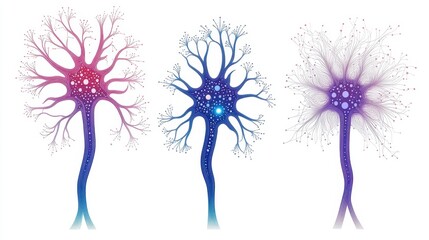Brain cells' Symphony: Artistic rendering of three brain cells, symbolizing neural network connectivity and innovation of communication, and technological advancements.