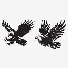 Obraz premium Two eagles in flight depicted as black silhouettes with wings spread against white background