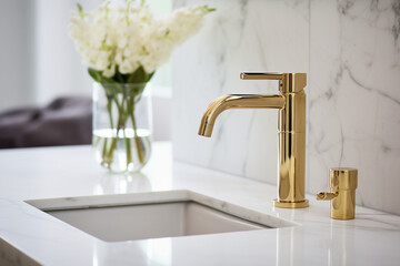 Gold-plated faucet in a modern minimalist bathroom