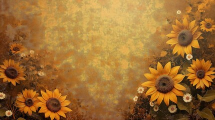 A rustic, floral field with sunflowers and daisies in muted tones of mustard yellow, burnt orange, and soft brown.