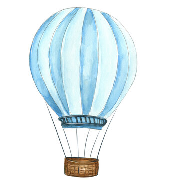 Hand Drawn Watercolor Blue Hot Air Balloon Isolated