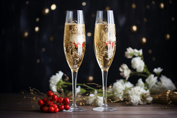 Festive gold-rimmed champagne flutes with bubbly drinks
