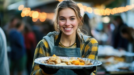 The Taste of Community: A radiant young woman with a warm, inviting smile presents a plate of delicious food at a lively outdoor gathering.