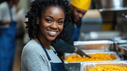 Smiling Chef in Commercial Kitchen: A close-up portrait captures a smiling chef, radiating warmth and competence as she preps in a bustling commercial kitchen.