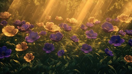 A stylized floral meadow with rich purple and gold flowers growing in lush green grass, illuminated by warm, golden rays of light. 