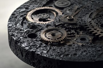 Lunar Mechanism: A captivating close-up of a meticulously crafted clock mechanism embedded in a textured lunar-like surface, embodying precision, time, and the essence of space exploration.