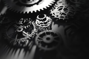 Mechanical Harmony: An intricate display of gears, cogs, and other mechanical components, artfully arranged to showcase their precision and seamless interworking.