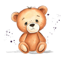 Cute Sitting Teddy Bear Watercolor with Splatters
